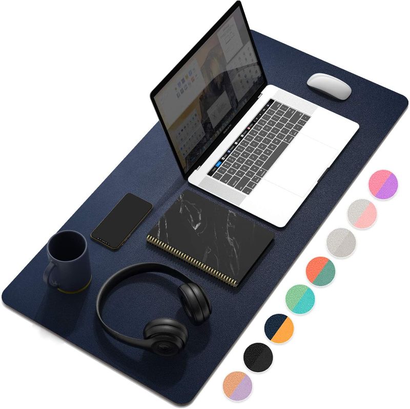 Photo 1 of YSAGi Multifunctional Office Desk Pad, Ultra Thin Waterproof PU Leather Mouse Pad, Dual Use Desk Writing Mat for Office/Home (31.5" x 15.7", Dark Tyrian Blue+Yellow)
