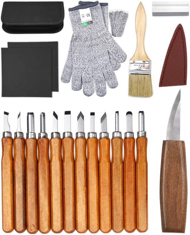 Photo 1 of Wood Carving Tools Kit for Beginners 23pcs Hand Carving Knife Set Craft Engraving Supplies Include All-Purpose Cutting Knife and Detail Knife with Cut Resistant Gloves for Kids Adults Woodcrafts DIY