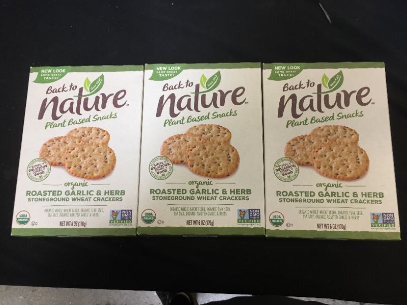 Photo 2 of 3 PACK - Back to Nature Non-GMO Crackers, Organic Roasted Garlic & Herb, 6 Ounce
EXP 0CT 2021