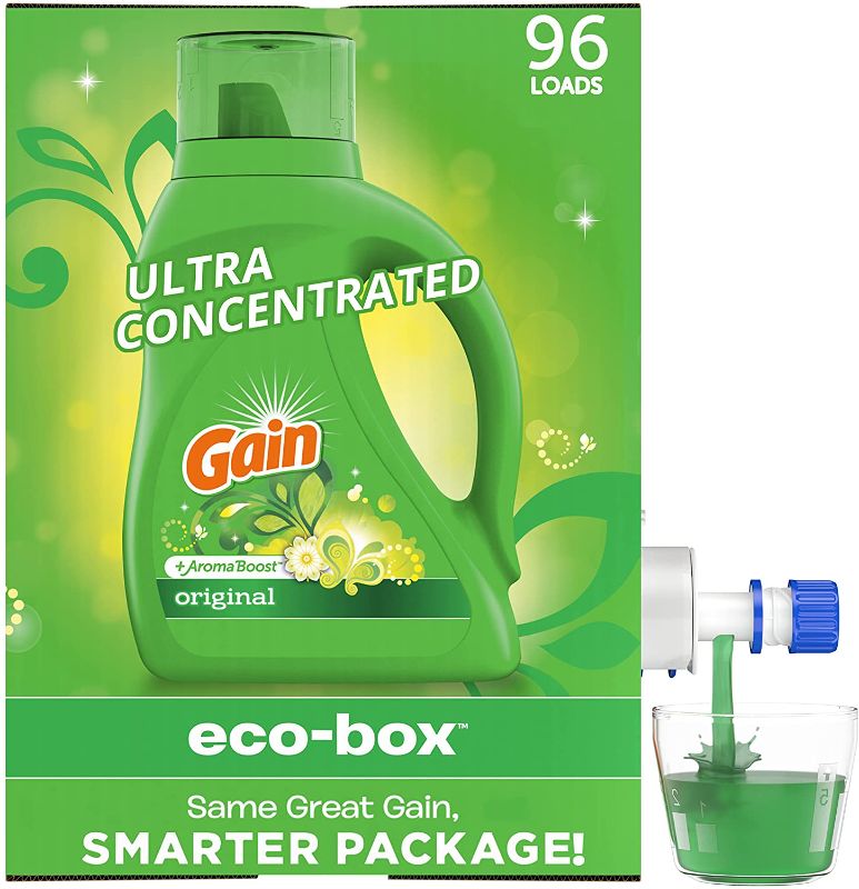 Photo 1 of Gain Liquid Laundry Detergent Soap Eco-Box, Ultra Concentrated High Efficiency (HE), Original Scent, 96 Loads