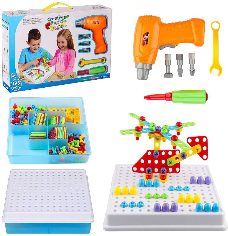 Photo 1 of Joqutoys Creative Mosaic Drill Set for Kids, 193 Pieces STEM Learning Toys, 3D Construction Engineering Building Blocks for Boys and Girls Ages 3+