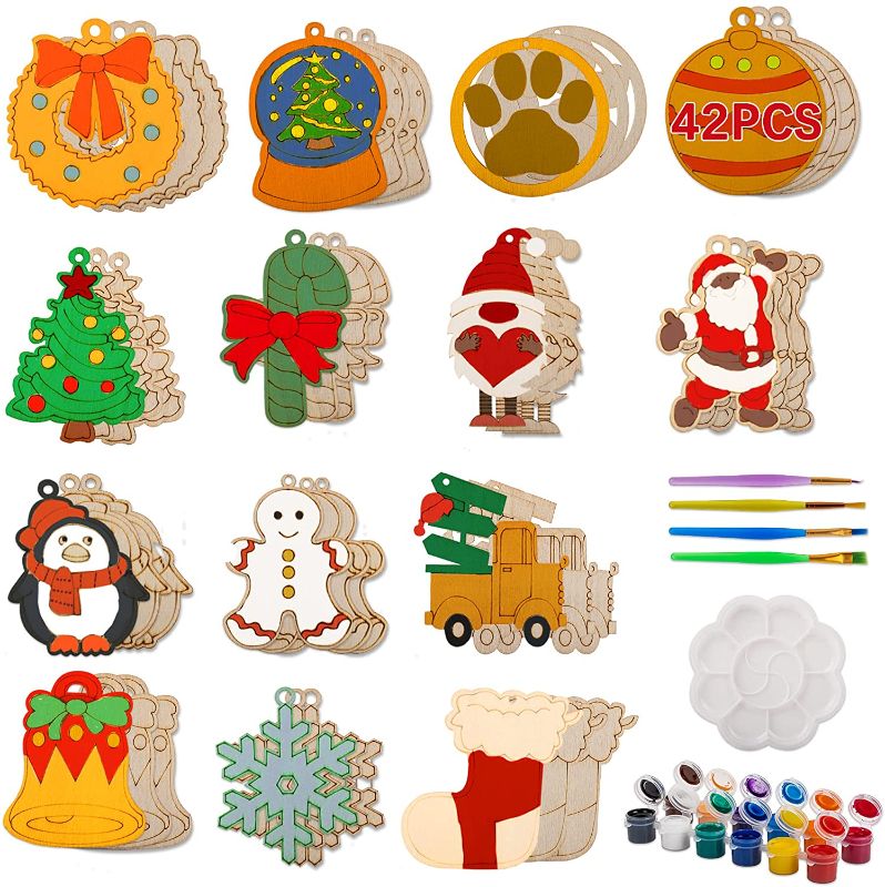 Photo 1 of 42 PCS Christmas Crafts for Kids,14 Styles Wooden Slices Crafts DIY Christmas Tree Ornaments Decorations, Christmas Ornament Kits to Make , Xmas Hanging Craft for Holiday Home Party