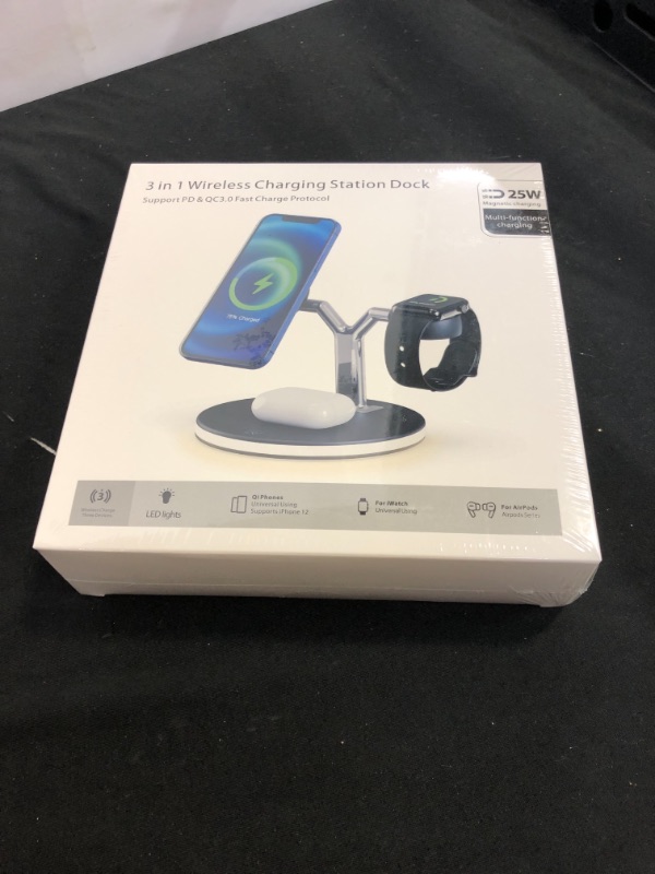 Photo 2 of ETS 3 in 1 Magnetic Wireless Charging Station Compatible with MagSafe Fast Wireless Charger Stand with QC3.0 Adapter 25W for Apple iPhone 12 Series Charger iPhone Watch AirPods and Built-in LED Light
