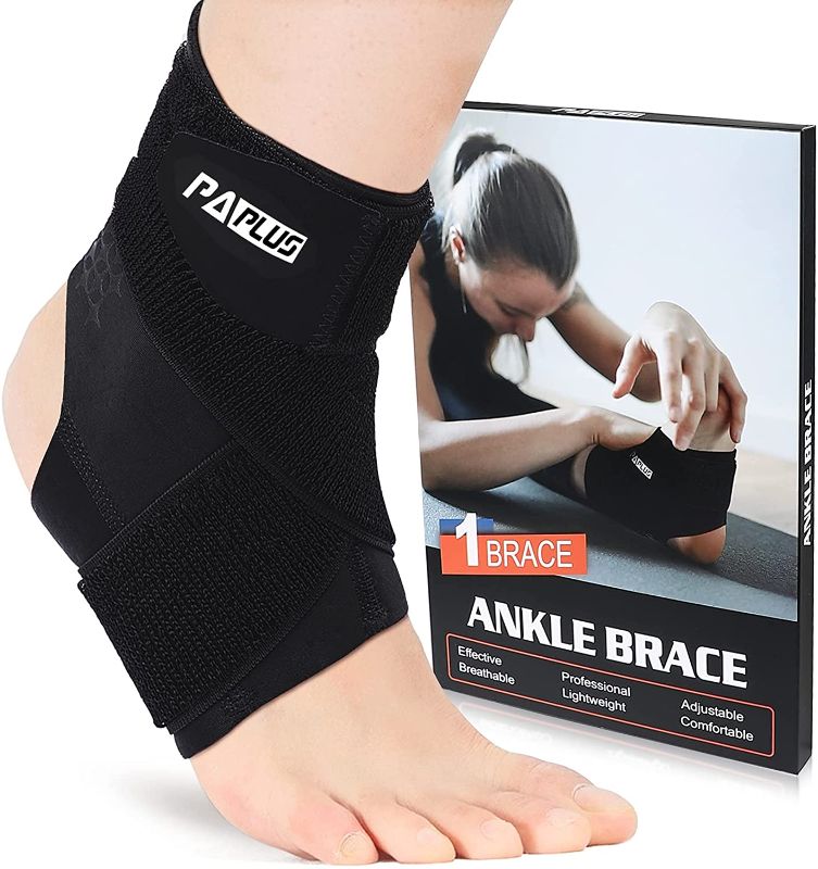 Photo 1 of PAPLUS Ankle Brace for Men & Women, Ankle Support Foot Brace with Ankle Wrap, Adjustable Strap for Sprained, Volleyball, Sports, Black, Single, Large
