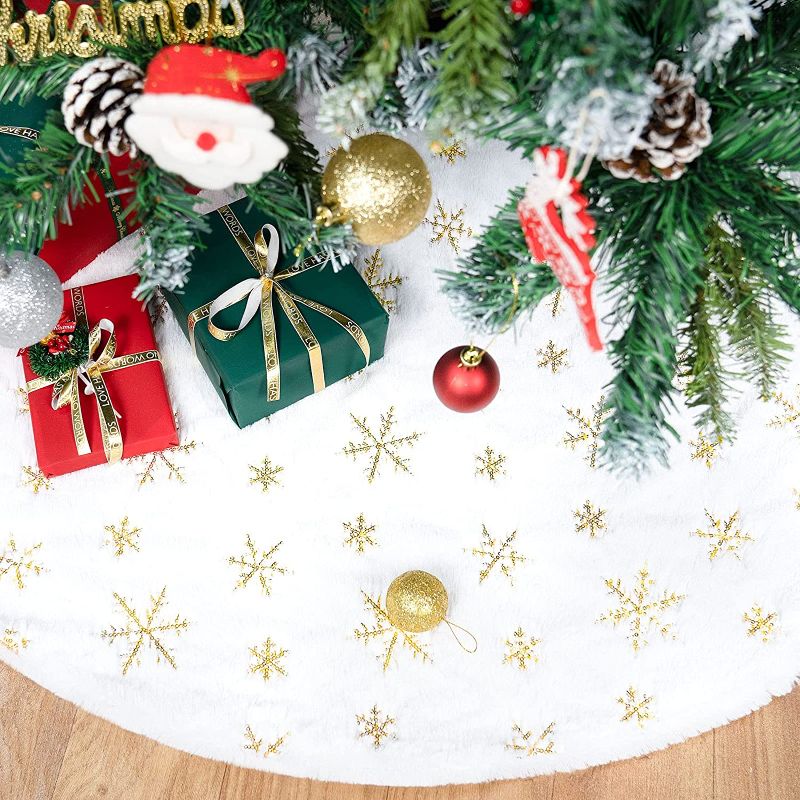 Photo 1 of Faux Fur Christmas Tree Skirt 48 Inch, Seniny White & Gold Tree Skirts for Christmas Tree Decoration, Xmas Tree Skirt Christmas Decorations for 4 Ft Tree, Christmas Tree Mat with Sequin Gold Snowflake
