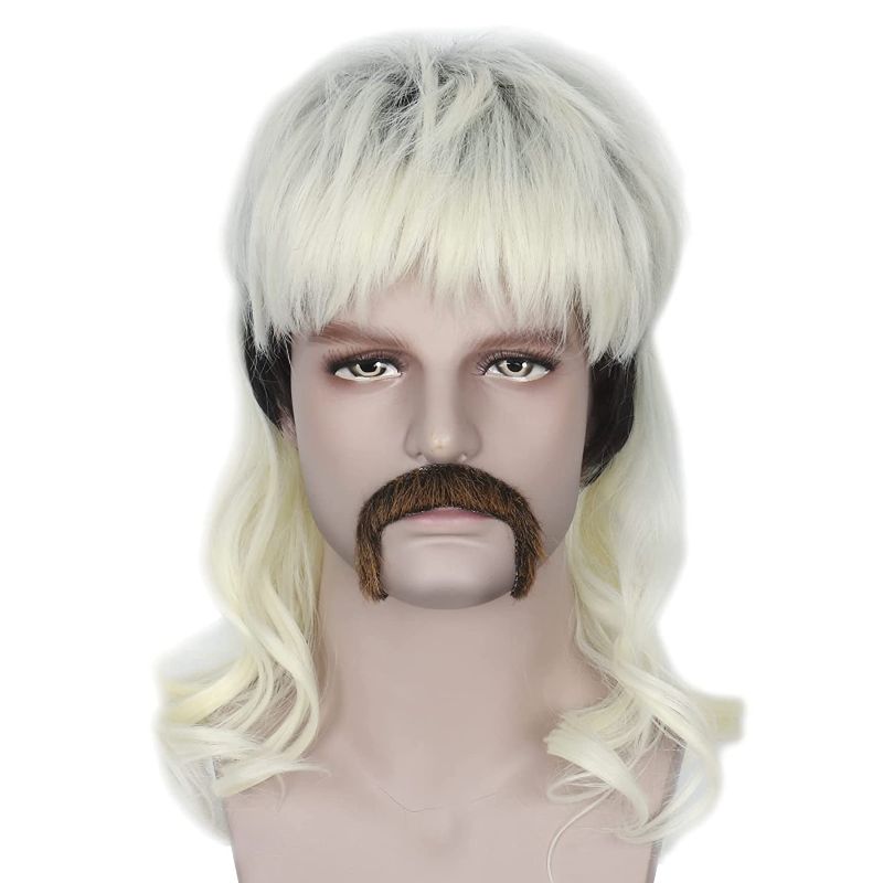 Photo 1 of Missuhair Short Men Black Roots Blonde Wig 70s 80s Mullet Costume Halloween Wig with Mustache 8 Earrings
