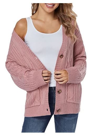 Photo 1 of Fuinloth Women's Cardigan Sweater, Oversized Chunky Knit Button Closure with Pockets - COLOR DIRTY PINK - SIZE MEDIUM 
