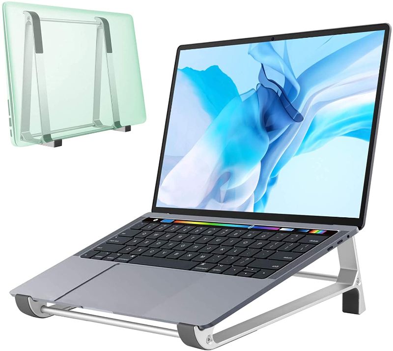 Photo 1 of DK177 Laptop Stand,Aluminum Laptop Stand for Desk,Ventilated Ergonomic Computer Stand for Laptop, 2 in 1 Desgin Vertical Laptop Stand Compatible with Mackbook Air Pro, All 10 to 17inch Laptop (Silver)
