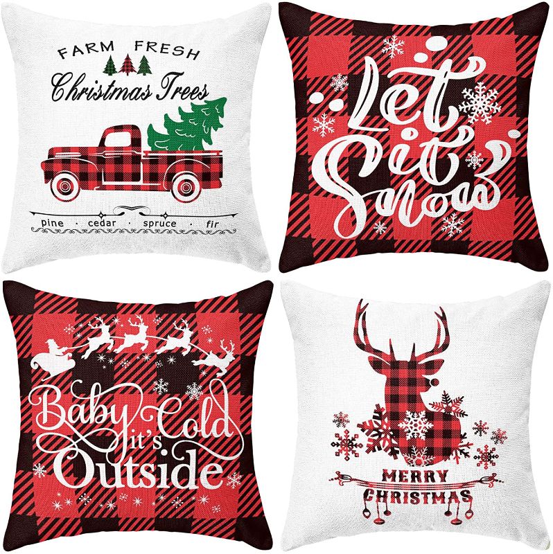 Photo 1 of Christmas Pillow Covers 18x18 Set of 4 Plaid Throw Pillow Covers for Christmas Decorations Truck Deer Rustic Red Buffalo Check Farmhouse Pillowcase Xmas Cushion Cases Home Decor for Couch
