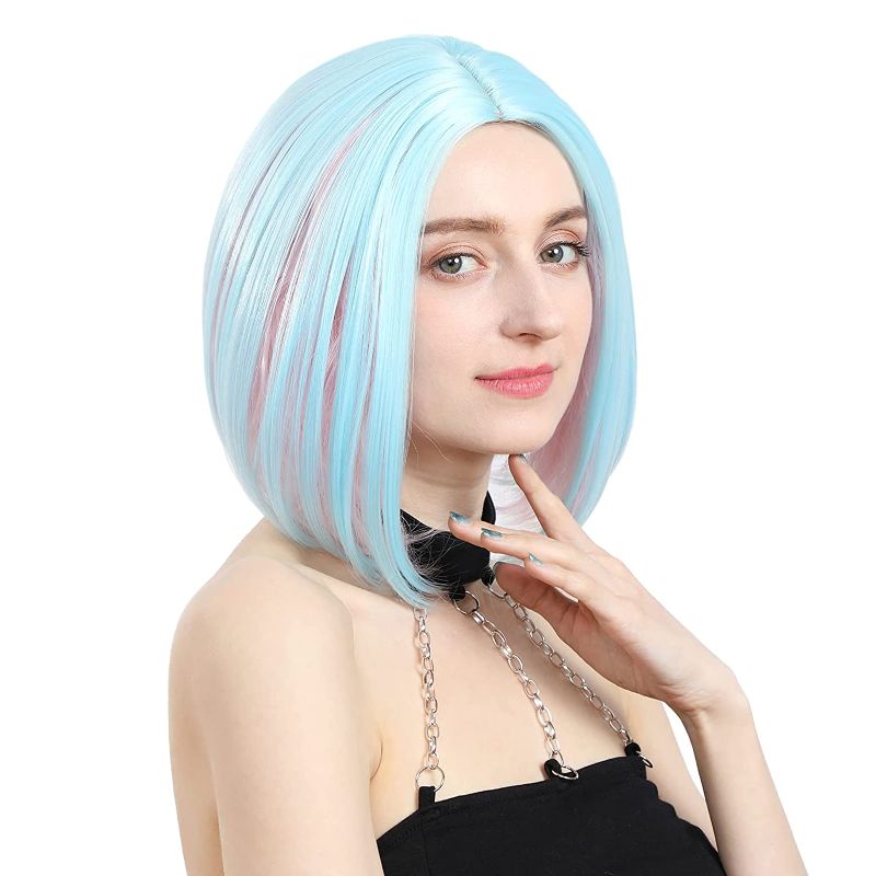 Photo 1 of FAELBATY Cosplay Wigs Short Wave Bob Wigs with No Bangs Synthetic Fluffy Short Wig for Girl Shoulder Length Wig for Women Costume Wigs(12" pink mixed blue color)
