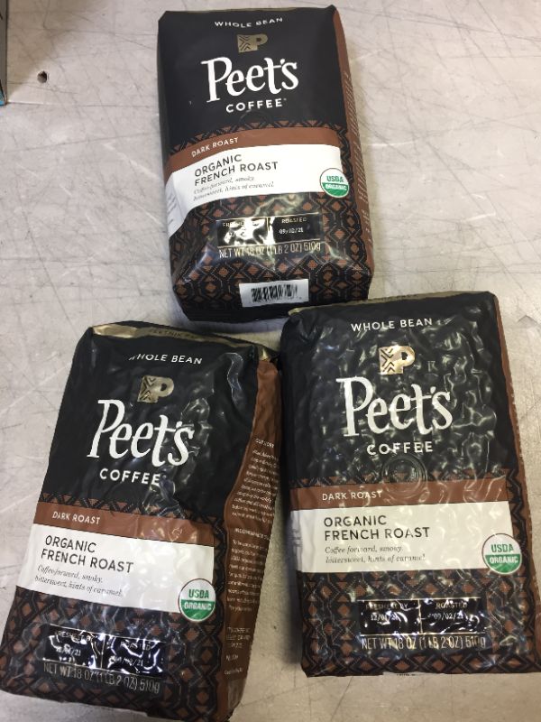 Photo 2 of ( 3 PACKS) Peet's Coffee, Organic French Roast - Dark Roast Whole Bean Coffee - 18 Ounce Bag, USDA Organic ---- EXP 09/02/2021
