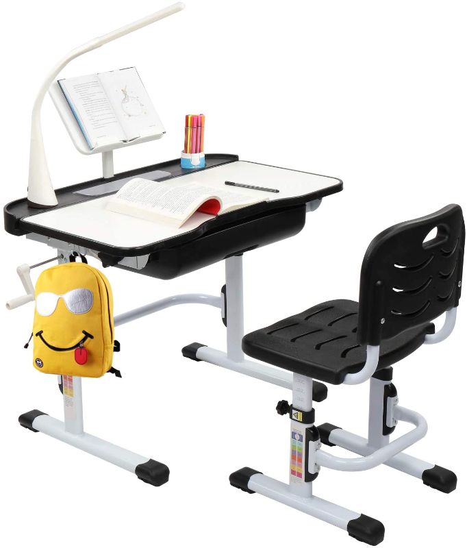 Photo 1 of JOYMOR Kids Desk Chair Set with Lamp, Height Adjustable Children Study Desk with Tilt Desktop, School Student Writing Table w/Pull Out Drawer Storage,Pencil Case, Bookstand, LED Light (Black) *** POSSIBLY MISSING HARDWARE***
