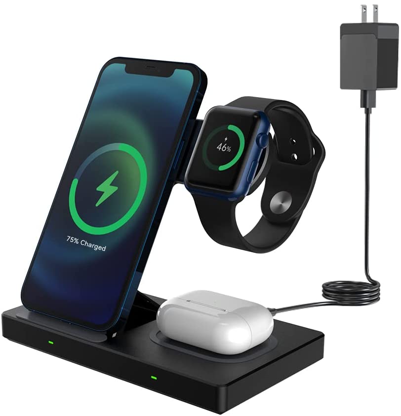 Photo 1 of PINRUIGE 3 in 1 Foldable Wireless Charging Station for Apple Device iPhone 13 Pro Max/13 mini/12/12 Pro Max/11/X/8 Charging Stand Dock for iWatch Series Airpod---MISSING POWER CORD/CABLES---