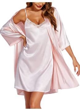 Photo 1 of Ekouaer Women's Satin Robe Set 2 Piece Sexy Nightgown Robes Sleepwear Silk Lace Cami Pajamas Sets Nightwear SIZE LARGE 