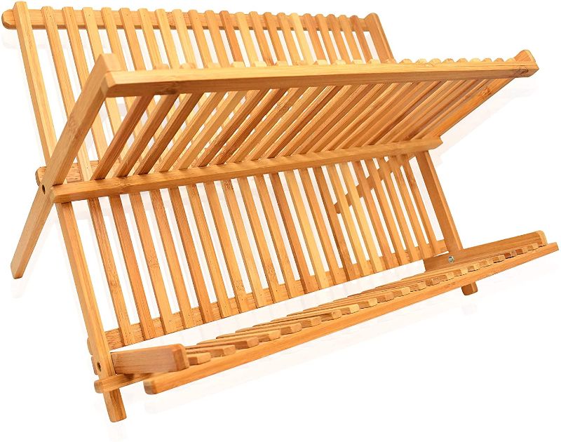 Photo 1 of Bamboo Dish Rack, Collapsible Dish Drainer, Foldable Dish Drying Rack, Wooden Plate Rack, Made of 100% Natural Bamboo