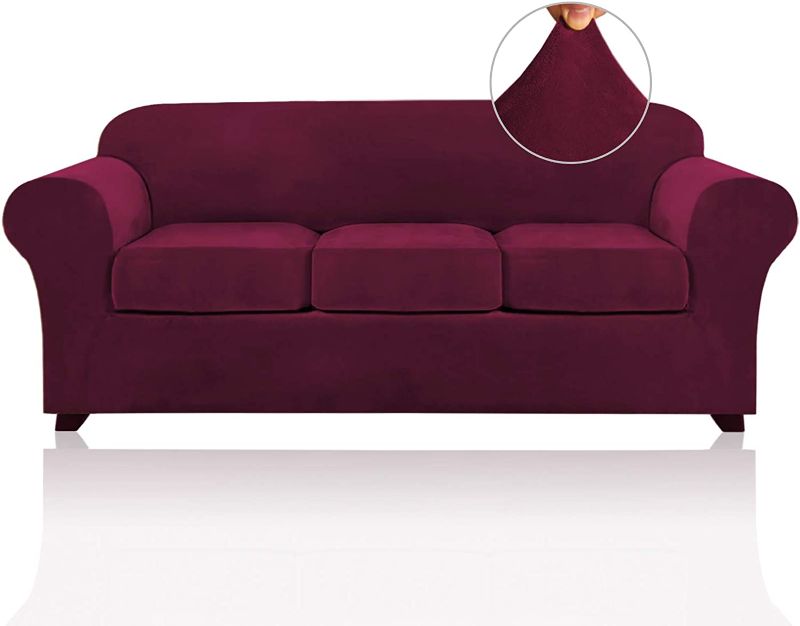 Photo 1 of 4 Pieces Sofa Covers Stretch Velvet Couch Covers for 3 Cushion Sofa Slipcovers Soft Sofa Slip Covers Furniture Covers with 3 Individual Seat Cushion Covers, Machine Washable (Large, Burgundy)