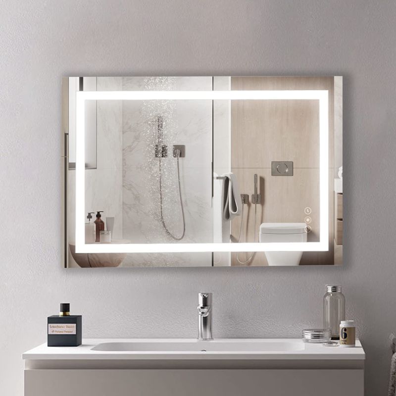 Photo 1 of 24 x 36 Inch Led Bathroom Mirror Lighted Backlit Wall Mounted Mirror with Defogger Button and Dimmable Round Touch Button, Very Light White Color Vanity Mirror
