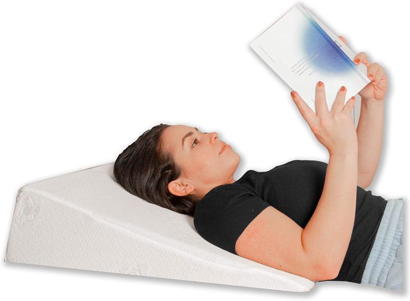 Photo 1 of Bed Buddy Memory Foam Wedge Pillow with Memory Foam Pillow Cover Cooling Triangle Pillow Wedge for Back Support Comfortable Sleeping Reading and Post Surgery Recovery 7.5", White
