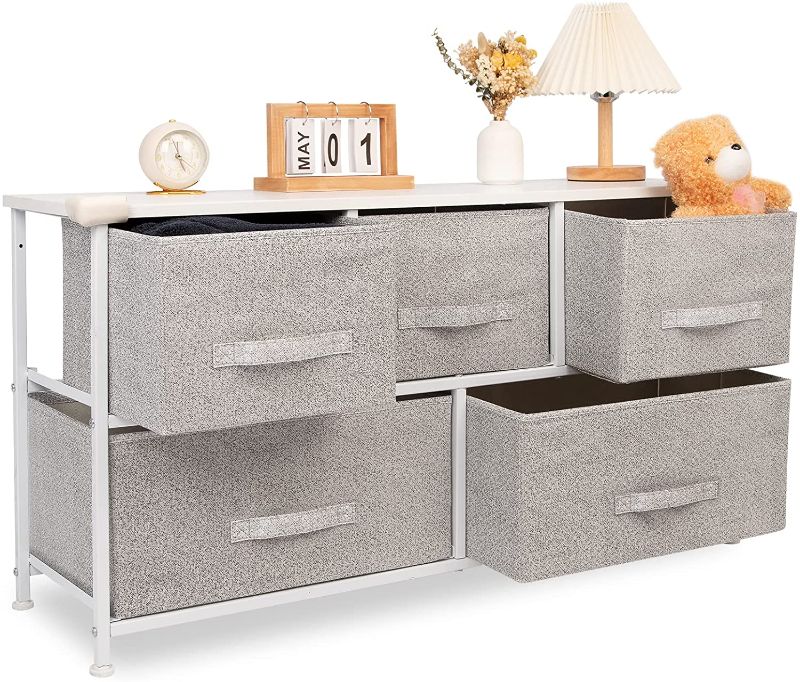 Photo 1 of CONNOO Wide Drawer Dresser TV Stand Storage Cabinet 5-Drawer Organizer for Bedroom, Closet, Nursery, Hallway, Office, Sturdy Steel Frame, Wood Top, Easy Pull Fabric Bins, Gray/White
