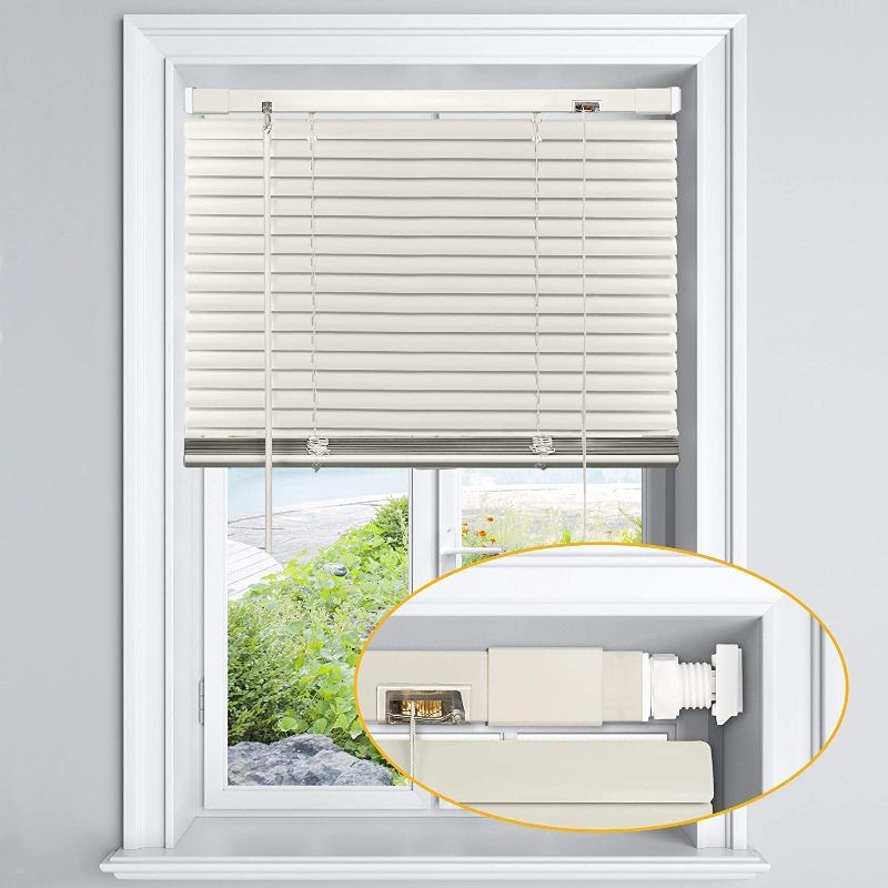 Photo 1 of LazBlinds No Tools-No Drill 1" Aluminum Horizontal Mini Blinds Shades for Window Size 25'' W x 64'' H, Light Filtering Inside Installation, Cream
