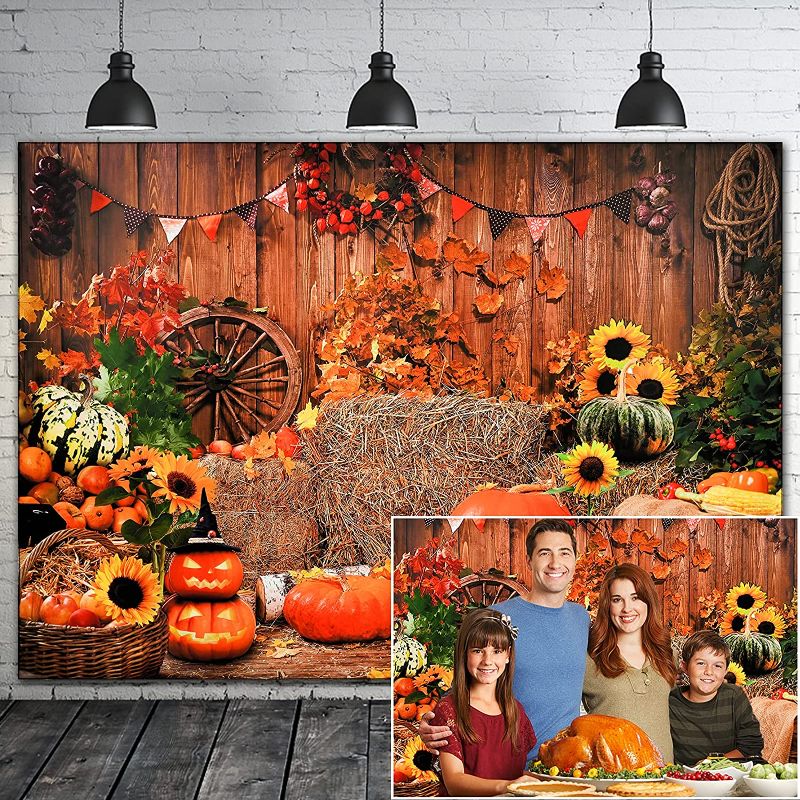 Photo 1 of WENMER 5x7ft Thanksgiving Photography Backdrop Autumn Pumpkins Maple Leaf Sunflower Background Rustic Wood Photo Backdrops for Baby Birthday Party Thanksgiving Decorations Studio Booth Home
