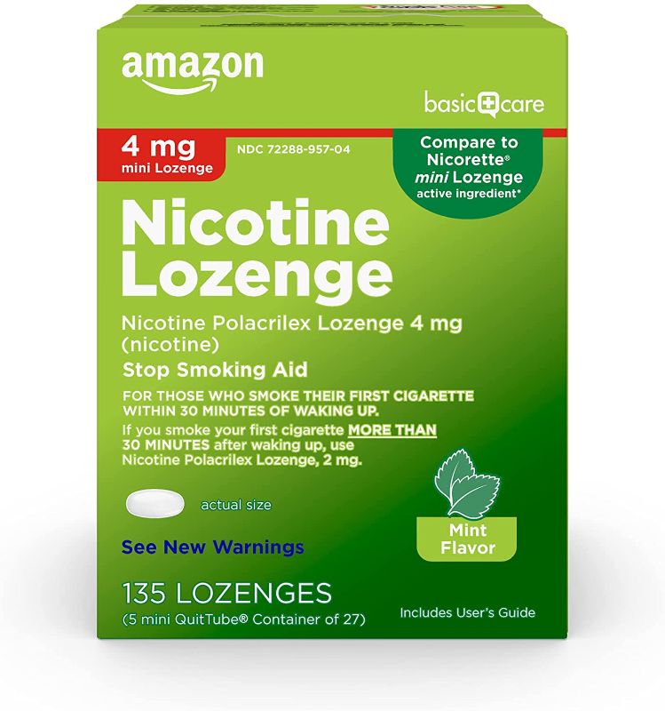 Photo 1 of Amazon Basic Care Mini Nicotine Polacrilex Lozenge, 4 mg (nicotine), Stop Smoking Aid, Mint Flavor; quit smoking with mint nicotine lozenge, 135 Count
