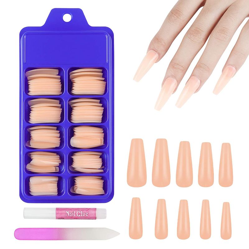 Photo 1 of 100 Pieces Extra Long Press on Nails Coffin Fake Nails Set Solid Color Ballerina Acrylic Nail Art Tips for Women Girls Artificial False Nails with Nail File & Nail Glue (Light Orange) / 100 Pieces Extra Long Press on Nails Coffin Matte Fake Nails Set Soli