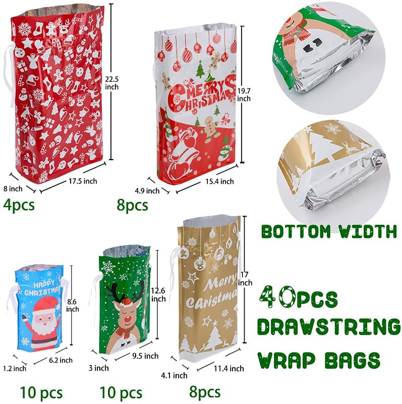 Photo 1 of 40pcs Drawstrings Christmas Gift Bags Assorted Sizes, Holiday Gift Bag Bulk Christmas Bags For Gifts Wrapping, Reusable Plastic Xmas Presents Party Favor Goody Bags Jumbo/Extra Large/Medium/Small
