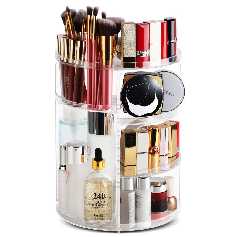 Photo 1 of Syntus 360 Rotating Makeup Organizer, Acrylic DIY Adjustable Bathroom Makeup Carousel Spinning Holder Rack, Large Capacity Cosmetics Storage Box Vanity Countertop, Fits Makeup Brushes Lipsticks, Clear