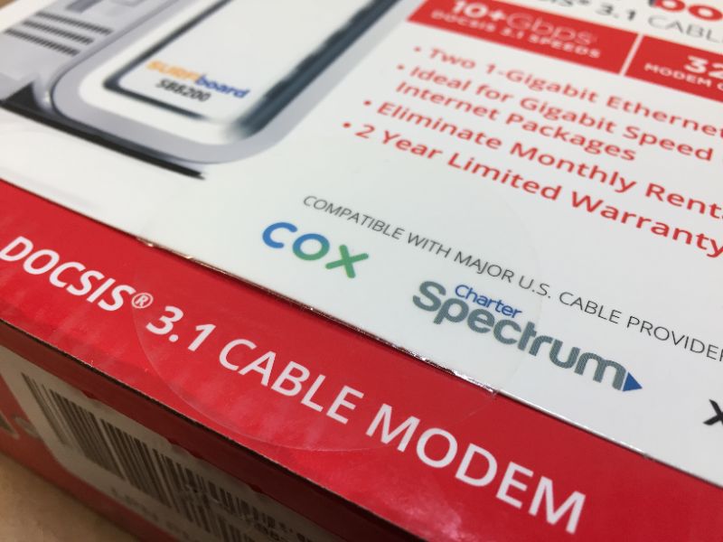 Photo 7 of **BRAND NEW FACTORY SEALED BUT OPENED FOR TAKE PICTURE** ARRIS SURFboard SB8200 DOCSIS 3.1 Gigabit Cable Modem | Approved for Cox, Xfinity, Spectrum & others | White , Max Internet Speed Plan 1000 Mbps
