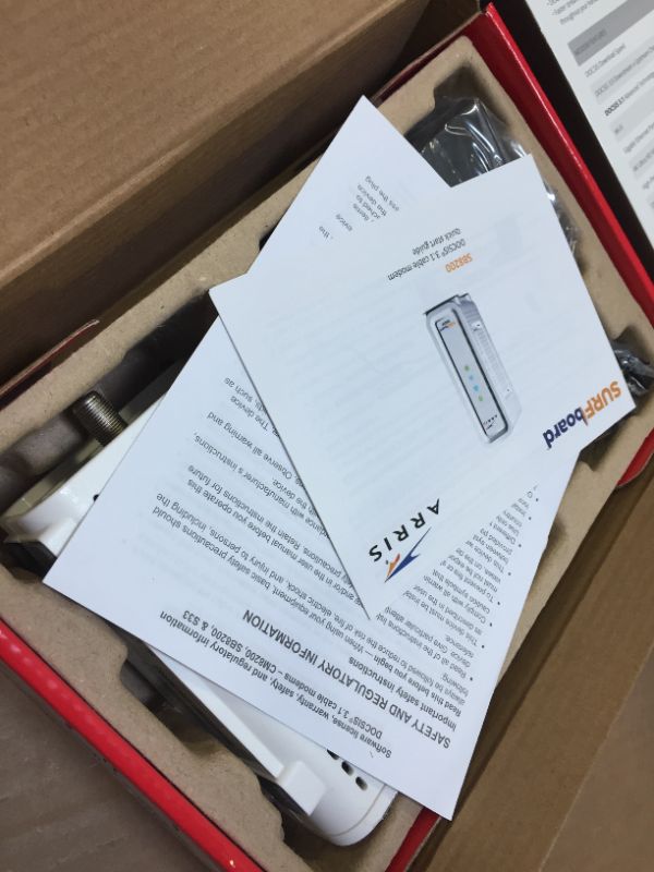 Photo 1 of **BRAND NEW FACTORY SEALED BUT OPENED FOR TAKE PICTURE** ARRIS SURFboard SB8200 DOCSIS 3.1 Gigabit Cable Modem | Approved for Cox, Xfinity, Spectrum & others | White , Max Internet Speed Plan 1000 Mbps
