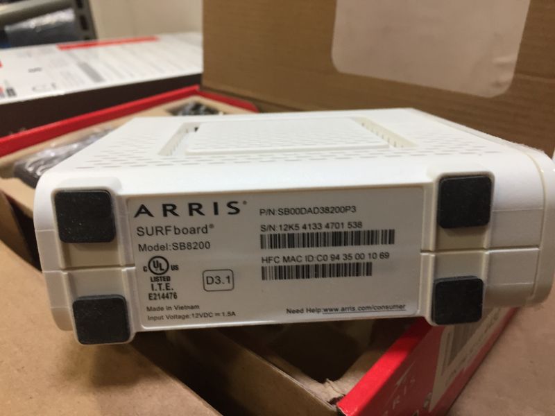 Photo 5 of **BRAND NEW FACTORY SEALED BUT OPENED FOR TAKE PICTURE** ARRIS SURFboard SB8200 DOCSIS 3.1 Gigabit Cable Modem | Approved for Cox, Xfinity, Spectrum & others | White , Max Internet Speed Plan 1000 Mbps
