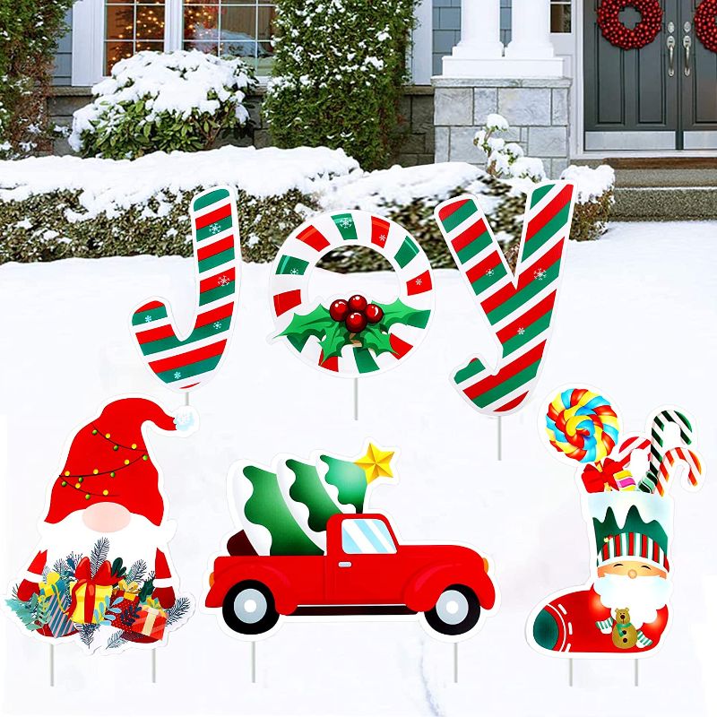 Photo 1 of 6Pcs Christmas Yard Signs with Stakes, Christmas Yard Decorations Outdoor Lawn Decor for Home Garden Pathway Walkway Xmas Party Decorations Winter JOY Gnome Candy Welcome Signs Waterproof Photo Props