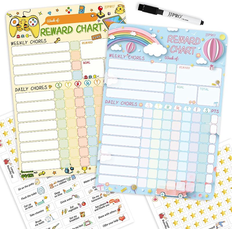 Photo 1 of 2 Pack-Video Game& Rainbow Magnetic Dry Erase Chore Chart for Kids at Home, Reward Chart for Kids Behavior. Includes 52 Static Tasks,126 Golden Stars and Two 8.5"x12" Magnetic Charts