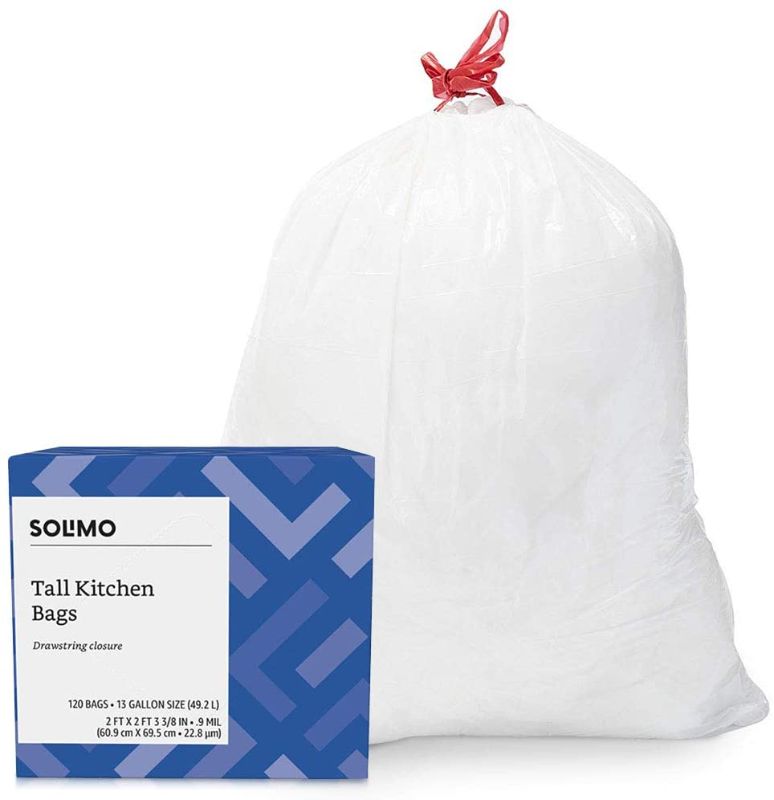 Photo 1 of Amazon Brand - Solimo Tall Kitchen Drawstring Trash Bags, 13 Gallon, 120 Count
