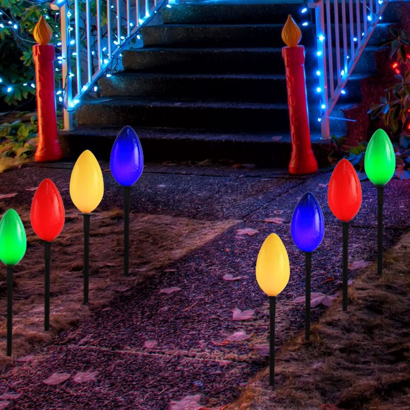 Photo 1 of HAYATA Christmas Pathway Lights - 4 Jumbo C9 Muticolor Bulbs Stakes Light with Multi Color Giant Lighted Bulbs - Fairy Christmas Lighting for Outdoor Yard Decorations
