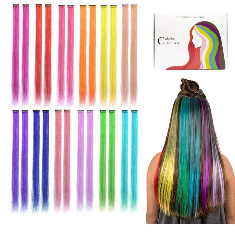 Photo 1 of 24 PCS Colorful Hair Extensions 20 inch Colored Clip in Hair Extensions Rainbow Party Highlights Straight Hair Clip in Synthetic Hairpieces, Cosplay Party Hair Accessories for Women Girls Kids Gifts
