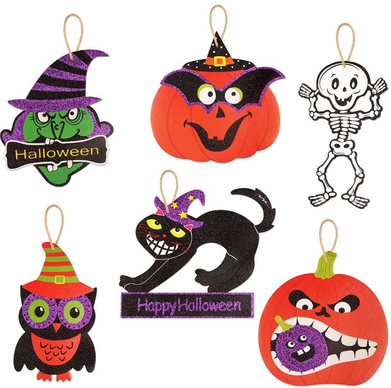 Photo 1 of 6 PCS Large Halloween Cutouts, Vintage Halloween Party Decoration Durable Cardboard Classic Shiny Ghost Pumpkin Skeleton Black Cat Cutouts for Halloween Wall Door Window Party Favor Decorations
