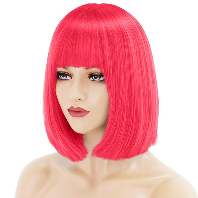 Photo 1 of Akkya Short Bob Wig with Bangs Black Pink Blue Purple Red Green Blonde Orange Brown Yellow Hair Hot Colorful Colored Bob Cut Costume Halloween Wigs for Women Kids
