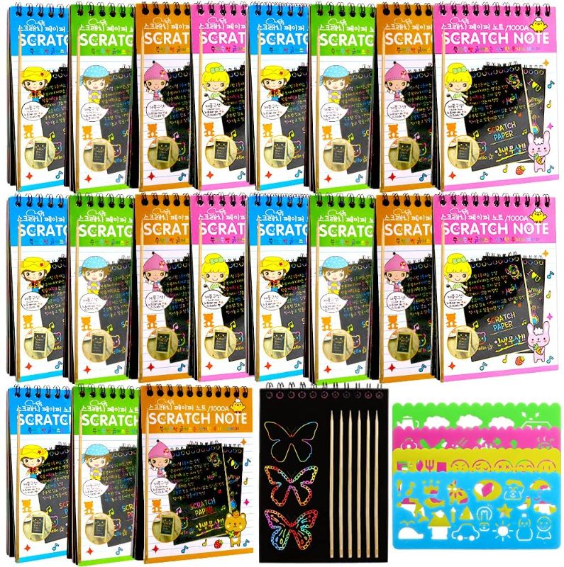 Photo 1 of 20 Pack Scratch Art Notebooks,Rainbow Scratch Paper Notes,Scratch Note Pads for Kids Arts and Crafts Perfect Travel Activity,25 Wooden Stylus & 4 Drawing Stencils
