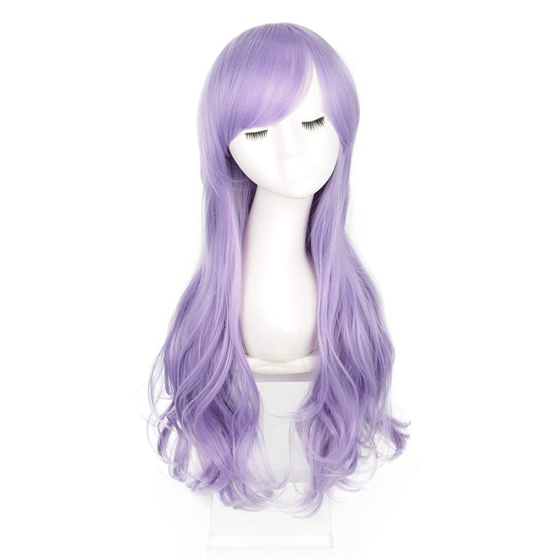 Photo 1 of ENTRANCED STYLES Long Purple Cosplay Wigs for Women Anime Colored Wigs with Bangs Heat Resistant Wavy Synthetic Wig Purple Halloween Costume Hair Wigs 28 Inch
