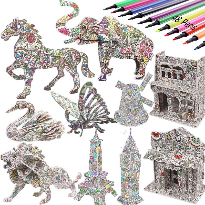 Photo 1 of 3D Coloring Puzzle Set,10 Pack Puzzles with 48 Pen Markers, Art Coloring Painting 3D Puzzle for Kids Age 7 8 9 10 11 12. Fun Creative DIY Toys Gift for Girls and Boy
