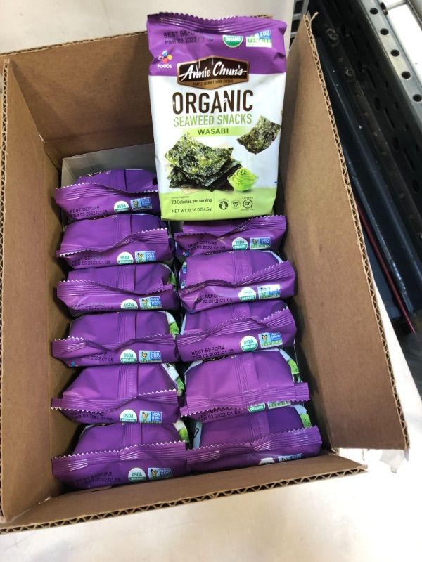 Photo 2 of Annie Chun's Organic Seaweed Snacks, Wasabi, Organic, Non GMO, Vegan, Gluten Free, 0.16 Oz (Pack of 12)
EXP - 3 - 3 - 22 