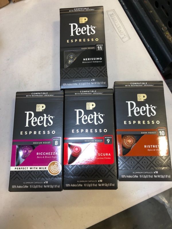 Photo 2 of 3 boxes of, Peet's Coffee Espresso Capsules Variety Pack, 40 Count Single Cup Coffee Pods, Compatible with Nespresso Original Brewers, Crema Scura, Nerissimo, Ricchezza, Ristretto
EXP DATE - 1 - 18- 22 - EXSPIRED 