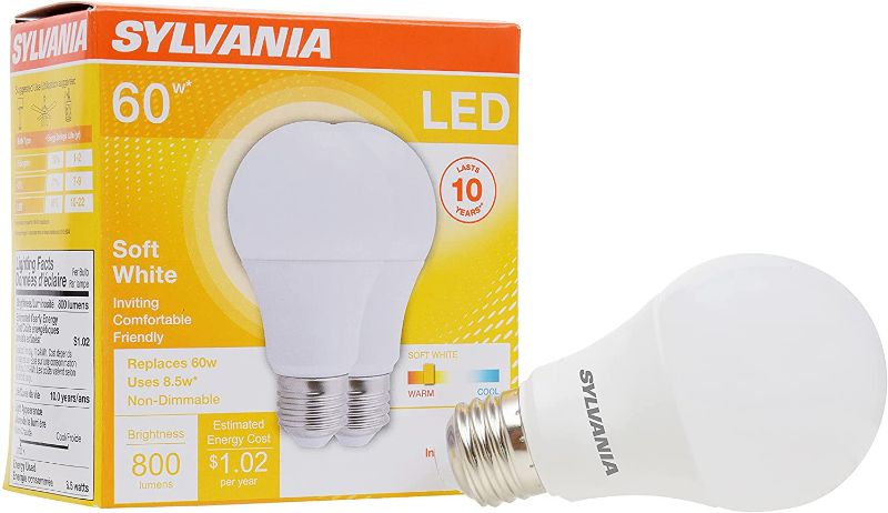 Photo 1 of 2 PACK - SYLVANIA LED Light Bulb, 60W Equivalent A19, Efficient 8.5W, Medium Base, Frosted Finish, 800 Lumens, Soft White - 2 Pack (73886)
