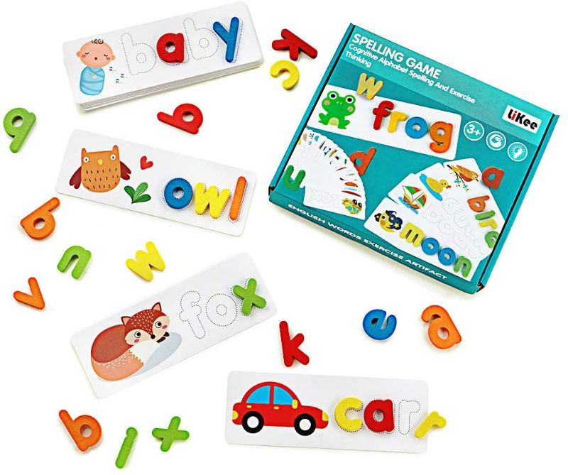 Photo 1 of LIKEE Wooden See and Spell Match Letter Puzzles CVC Word Builders Sight Word Flash Cards Color Recognition Games Montessori Preschool Educational Toys for Kids 3+Yrs Old (28 Cards,52 Block,1 Bag)
