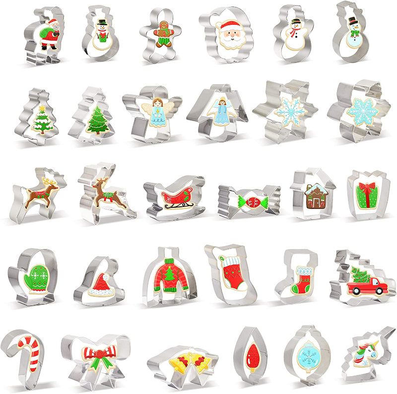 Photo 1 of 30 PCS Christmas Cookie Cutter Set Christmas Tree and More Biscuit Fondant Cutters Stainless Steel for Holiday Cookies, Christmas Party and Baking Gift
