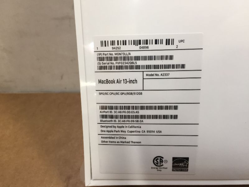 Photo 7 of (Brand New Factory Sealed)2020 Apple MacBook Air Laptop: Apple M1 Chip, 13” Retina Display, 8GB RAM, 512GB SSD Storage, Backlit Keyboard, FaceTime HD Camera, Touch ID. Works with iPhone/iPad; Space Gray
