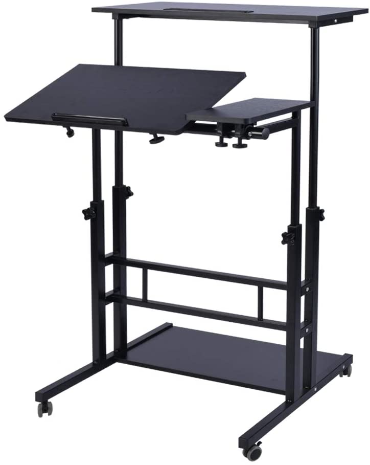 Photo 1 of AIZ Mobile Standing Desk, Adjustable Computer Desk Rolling Laptop Desk Cart on Wheels Home Office Computer Workstation, Portable Laptop Stand Tall Table for Standing or Sitting, Black Willow