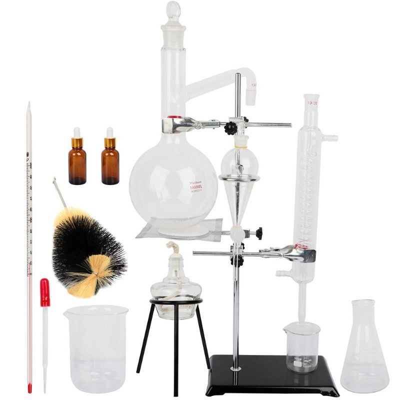 Photo 1 of 1000ML Lab Distillation Apparatus with Flask Essential Oil Extraction Distillation Apparatus Water Distiller Purifier Teaching Equipment Chemistry Glassware Kits for Home Distiller Distilling